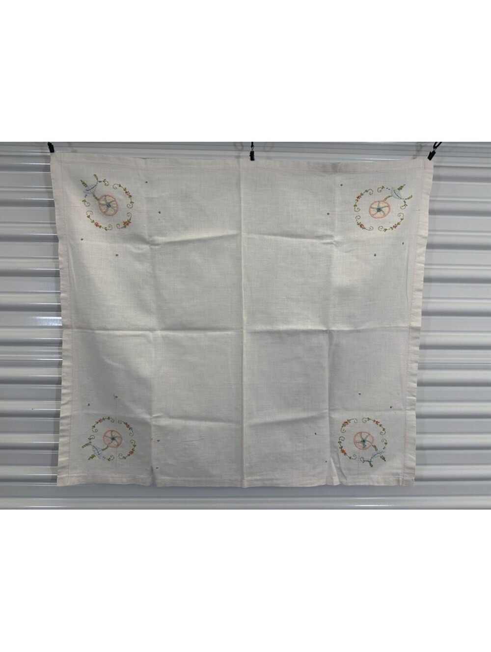 Embroidered Vintage Linen Card Table Applique Floral Tablecloth Topper Design